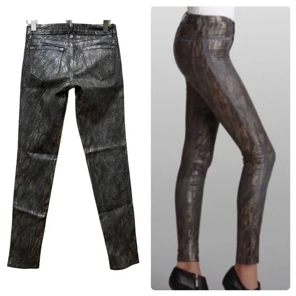 J. Brand Black Golden Snakeskin Coated Legging Jean Size 26 Edgy Club Night Life - Picture 3 of 12